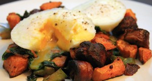 Spicy Chorizo Yam Hash with Poached Eggs On Top